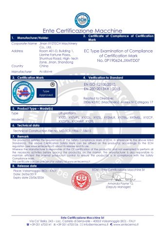 CE Certificate certificate from Jinan Xyztech Machinery Co., Ltd