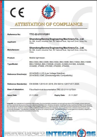 Mobile Light Tower CE certificate from Shandong Benma Engineering Machinery Co., Ltd.