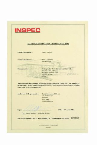 Goggles CE Certificate certificate from Yulong Safety Tools Manufacture Corp., Ltd.