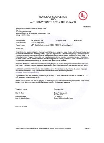 UL certificate from Jiangsu Huafilter Hydraulic Industry Co., Ltd.