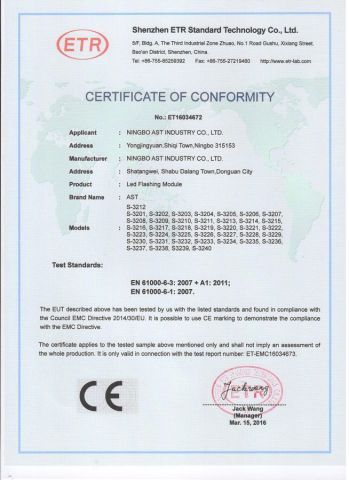 CE of led flashing module certificate of Dongguan AST Industry Co., Ltd. – certificate photo, supplier certificates section