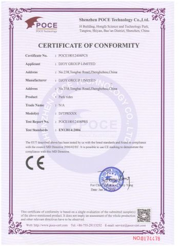 Park Rides CE certificate from Zhengzhou Bigjoys Amusement Equipment Co., Ltd.