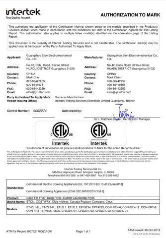 fryer certificate from Guangzhou ETON Import & Export Co., Ltd.