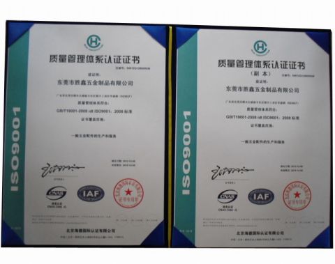 ISO9001 Certificate certificate from Dongguan Shengxin Metal Manufacturing Co., Ltd.