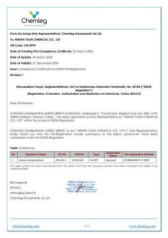 kkdik certificate from HENAN YULIN CHEMICAL CO., LTD.