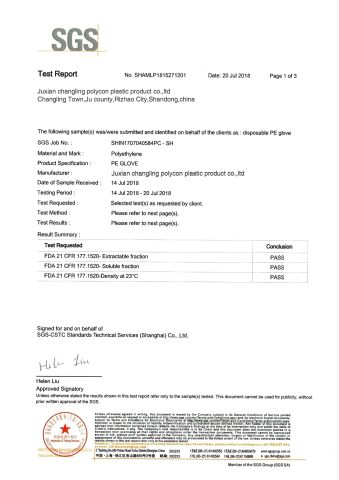SGS report for glove certificate from JUXIAN CHANGLING POLYCON PLASTIC PRODUCT CO., LTD.