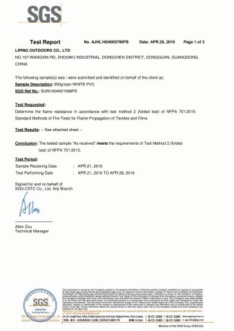 Newest USA flame retardant report certificate from Liping Outdoors Manufactory Ltd.