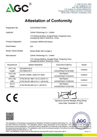 CE Certificate for Wireless Mouse 2022.12.21 certificate of Tyshen Technology Co., Limited – certificate photo, supplier certificates section