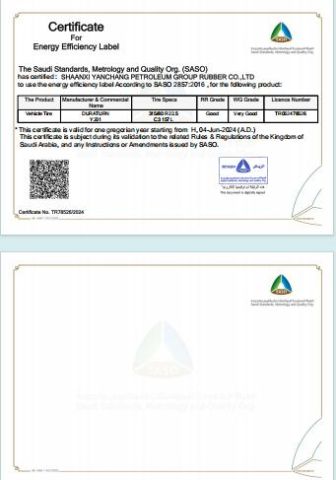 SASO certificate from SHAANXI CARSEEN TYRE CO., LTD.