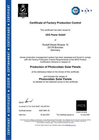 MCS certificate from Jiangsu VDS Renewable Technology Co., Ltd.