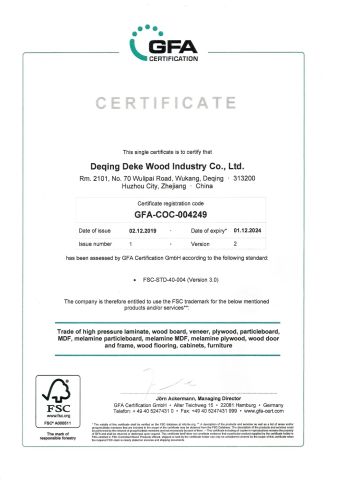 FSC certificate from Deqing Deke Wood Industry Co., Ltd.