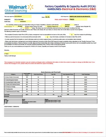 Walmart FCCA certificate from Roman Technology Co., Ltd