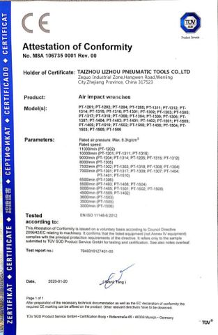 CE certificate from TAIZHOU LIZHOU PNEUMATIC TOOLS CO., LTD.