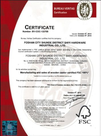 FSC CERTIFICATE certificate of Benyu Casters & Wheels Co., Ltd. – certificate photo, supplier certificates section