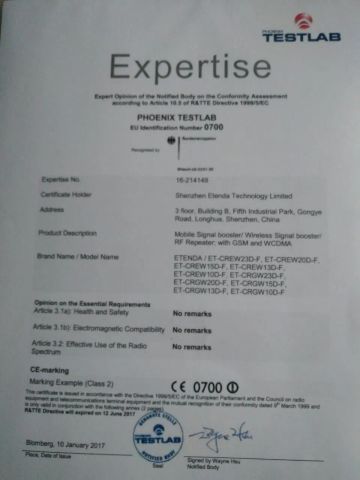 CE0700 for dual band repeater certificate from Shenzhen Etenda Technology Limited