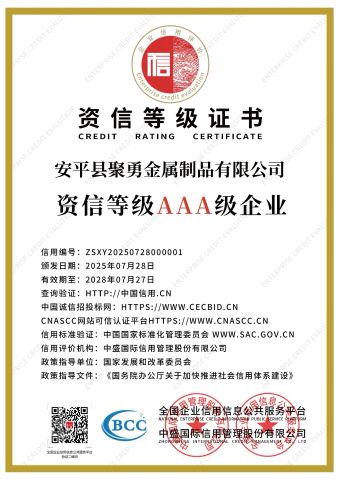 Credit Rating Certificate certificate from Anping County Juyong Metal Products Co., Ltd.