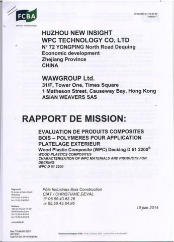 FCBA Test Report certificate of Zhejiang New Insight Wood Composite Co., Ltd – certificate photo, supplier certificates section