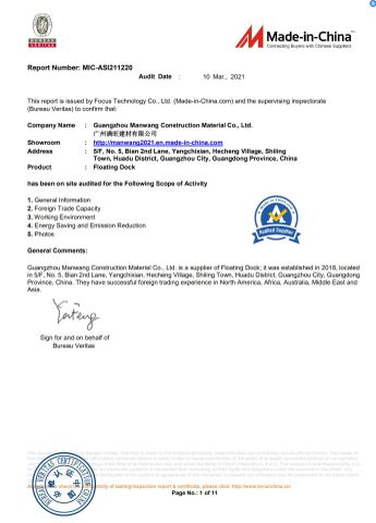 Bureau Veritas certification certificate from Guangzhou Manwang Construction Material Co., Ltd.