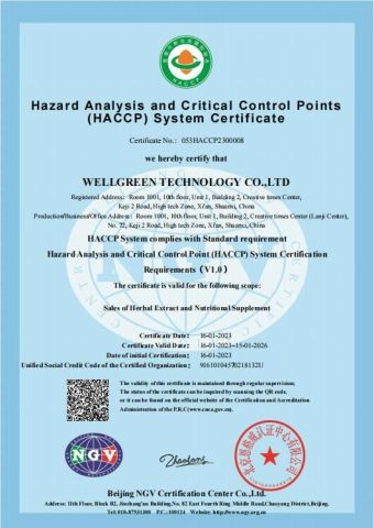 HACCP certificate from Wellnature Biotech Co., Ltd