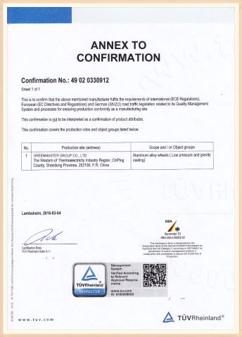 Alloy Wheel TUV 2 certificate of Qingdao Greenmaster Industrial Co., Ltd. – certificate photo, supplier certificates section