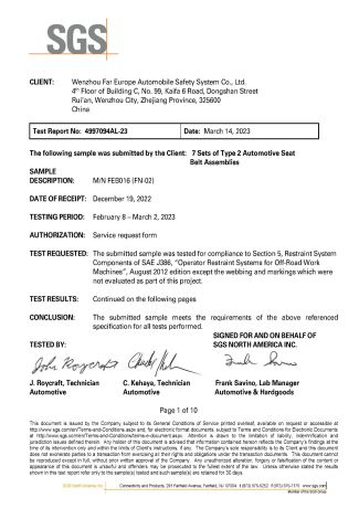 SAE  J386 ELR 3 Point Seat Belt certificate from Wenzhou Far Europe Automobile Safety System Co., Ltd