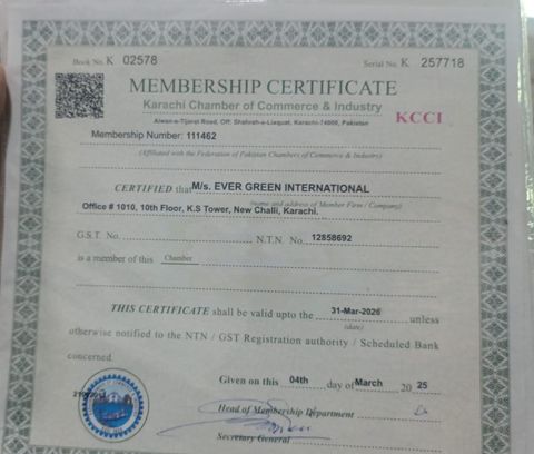 MEMBERSHIP CERTIFICATE KARACHI CHAMBER OF COMMERCE & INDUSTRY certificate from EVER GREEN INTERNATIONAL