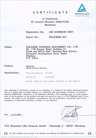 Certificate of Conformity EC Council Directive 2006/42/EC Machinery certificate from ZHEJIANG CHENGDA MACHINERY CO., LTD.
