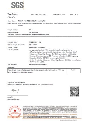 immersion tin REACH test report certificate from Finest Printed Circuit Board Ltd.