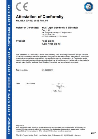 CE Certificate of Rope Light certificate from Wuxi Lejin Electronic & Electrical Co., Ltd.