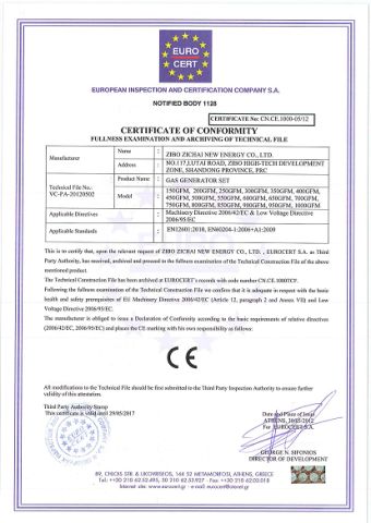 CE certificate for gas generator certificate from Zibo Zichai New Energy Co., Ltd.