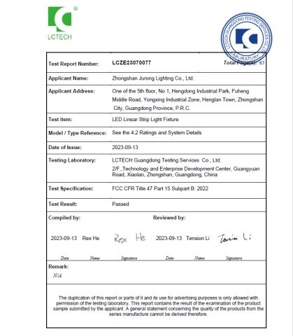 FCC Test Report from LCTECH certificate from Zhongshan Jurong Lighting company limited