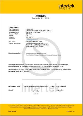 SEMKO certificate from Wenzhou Huishang Electric Co. Ltd.
