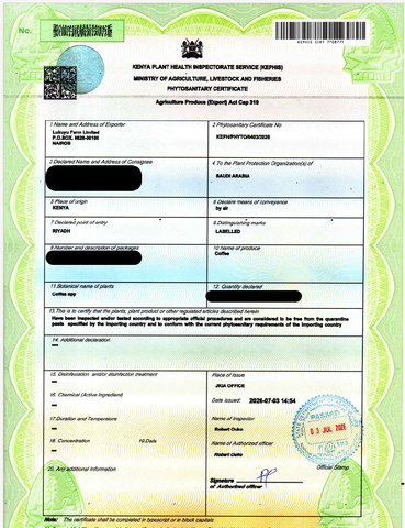KSA Phytosanitary Certificate certificate from Lukuyu