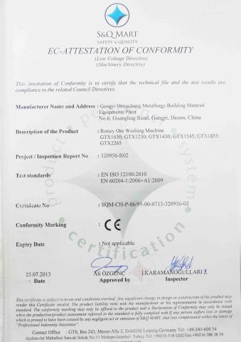 CE Certificate of Trommel Washer Gold trommel Wash Plant certificate from Gongyi Hengchang Metallurgical Building Material Equipments Plant