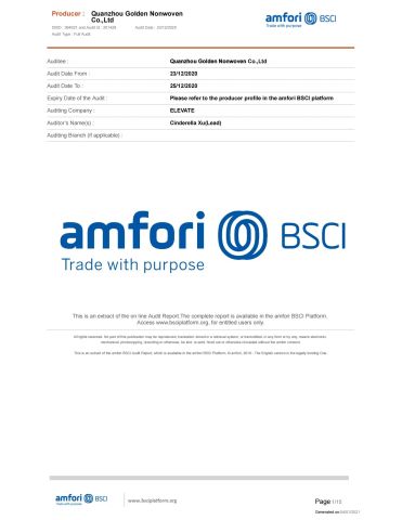 bsci certificate from Quanzhou Golden Nonwoven Co., Ltd.