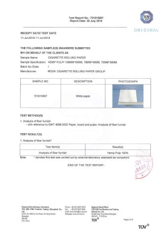 TUV 100% pulp hemp rolling paper certificate from Moon (Shanghai) International Trading Co., Ltd.