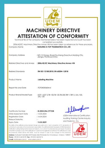 Labeling Machine certificate from Nanjing D-Top Pharmatech Co., Ltd.