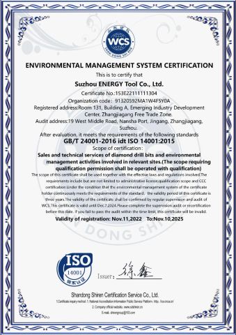 ISO 14001 certificate from Suzhou Energy Tool Co., Ltd.