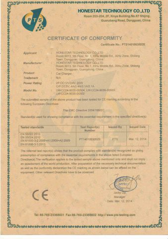 CE certificate of car charger certificate of Honestar Technology Co., Ltd. – certificate photo, supplier certificates section