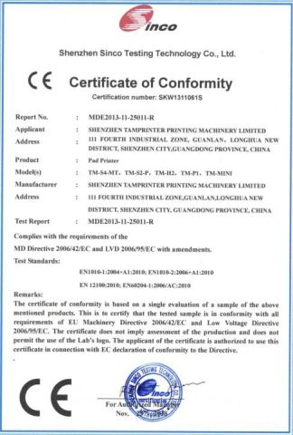 Pad Printer CE Certificate certificate of Shenzhen Tamprinter Printing Machin – certificate photo, supplier certificates section