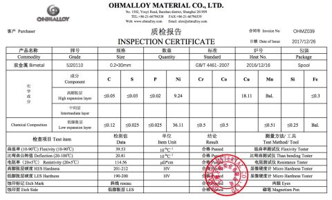The certificate of bimetal strip certificate from Ohmalloy Material Co., Ltd.