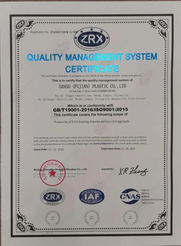 ISO9001 certificate from Sansd (Fujian) Plastic Co., Ltd.