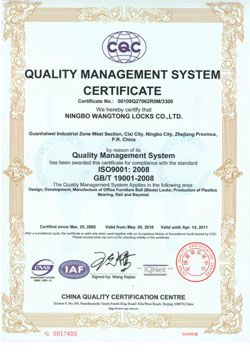 ISO9001 certificate from Ningbo Wangtong Locks Co., Ltd.