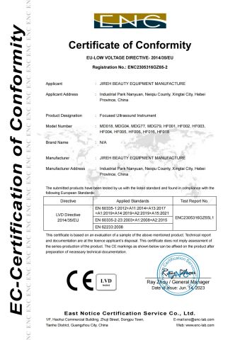 Focused Ultrasound instrument CE certificate from Hebei Jingyi Technology Co., Ltd.