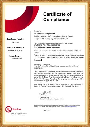UL Listed door closer-R41359 certificate from EC Hardware Co., Ltd.