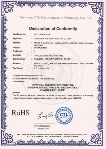 RoHS of 10.4" LCD Monitor certificate from Shenzhen Hopestar Sci-Tech Co., Ltd.