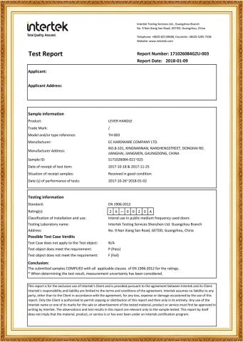 Door Handle EN1902 2012 certificate from EC Hardware Co., Ltd.
