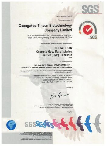 ISO certificate of Guangzhou Tinsun Biotechnology Company Limited – certificate photo, supplier certificates section