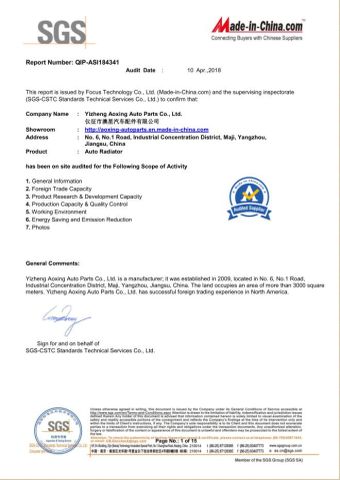 SGS certificate from Yizheng Aoxing Auto Parts Co., Ltd.