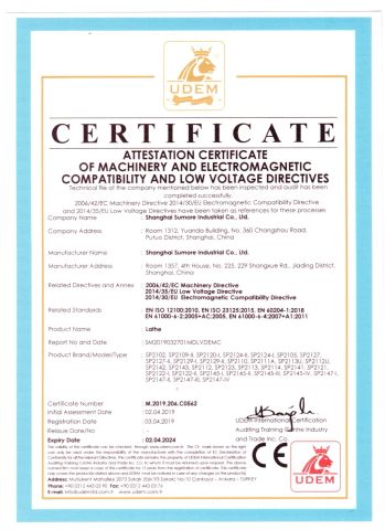 CE certificate of Lathe certificate from Shanghai Sumore Industrial Co., Ltd.